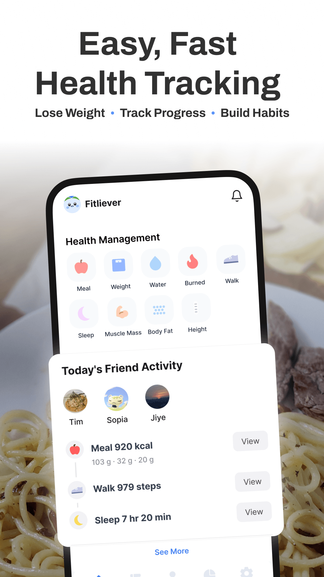 FitlyEver health dashboard and friends' daily activity
